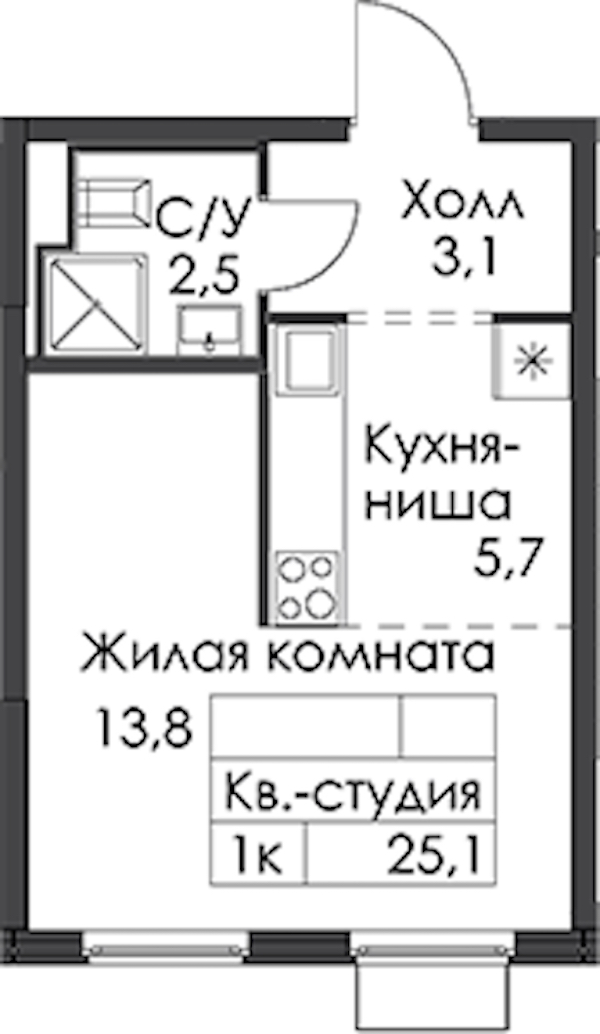 Квартира студия 25.1 м², 6/24 эт., ЖК «Заречный парк»